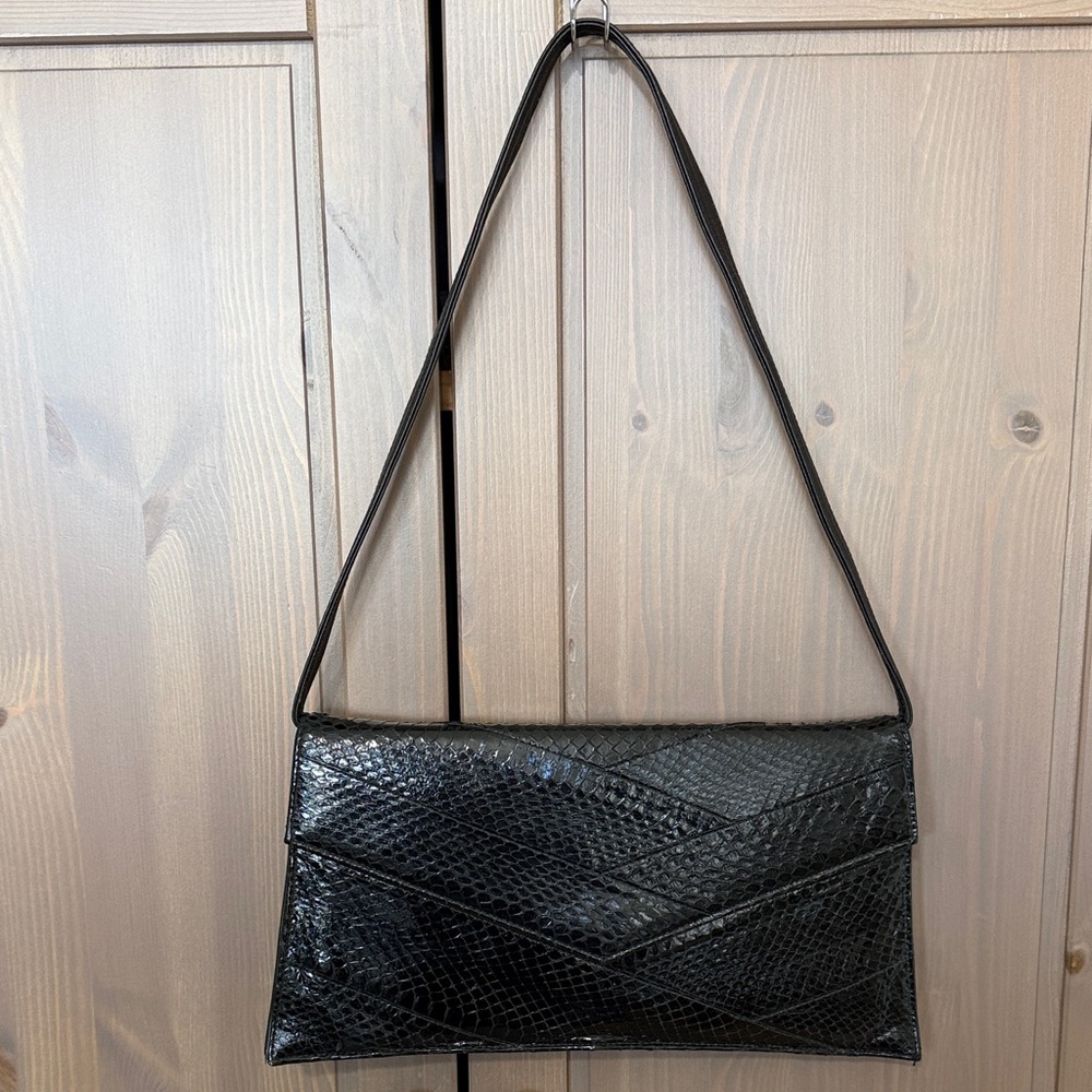 VINTAGE Leather Eel skin black clutch shoulder bag large handbag